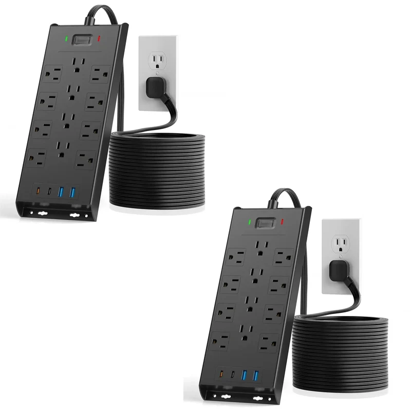 Heavy Duty Surge Protector Power Strip With Twelve AC Outlets Dual USB C Fast Charging Solid Slick Flat Plug Extension Cord Wall Mount Desk Charging Station Black Pack Of Two