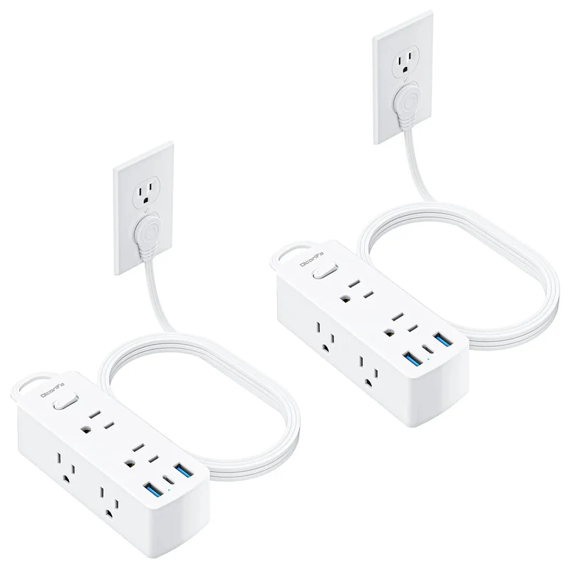 Super Slick Flat Plug Power Strip With 5 Ft Extension Cord 6 Widely Spaced Wall Outlets Plus 3 Fast Charge USB Ports For Hiding Behind Furniture Setup White 2 Pack Bundle