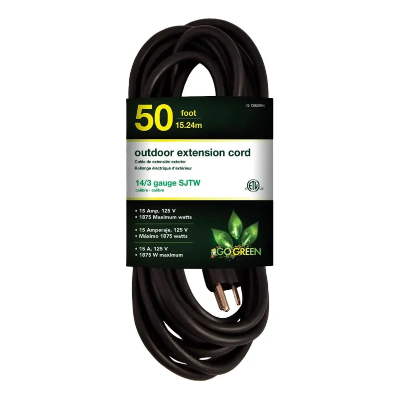 50 Foot Heavy Duty Extension Cord 14 Gauge 3 Wire Black Outdoor SJTW Rated Workhorse Cable Contractor Grade Moisture And Abrasion Resistant All Weather Power Cord Rugged Durable Build For Jobsite Tools Hella Tough Design