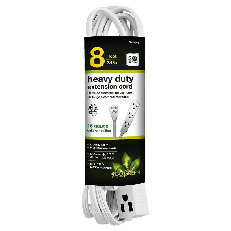 Badass 16 By 3 SJT Extension Cord 8 Foot Heavy Duty Workhorse With Snap Fit 3 Outlets And Ultra Thin Flush Socket For Wall Baseboard Contractors Color White SJTW Jacket Rated For Daily Pro Tasks With Ultra Slim Plug Design Sits Flush On Walls