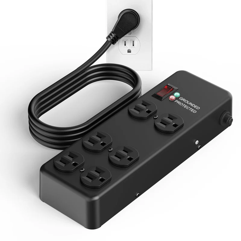 Heavy Duty Metal Power Strip Featuring Six Hella Durable Outlets And Big Time 3000 Joule Surge Protection For Computers Tools And Home Gear Along With A Smooth Six Foot Black Cord