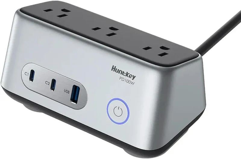 Heavy Duty Desk Power Hub Delivering 100W Fast Usb C Charging With Three Wide Ac Outlets And A Slim Five Foot Flat Cable Perfect For Clutter Free Dorm Rigs And Remote Office Setups Finished In Matte Grey
