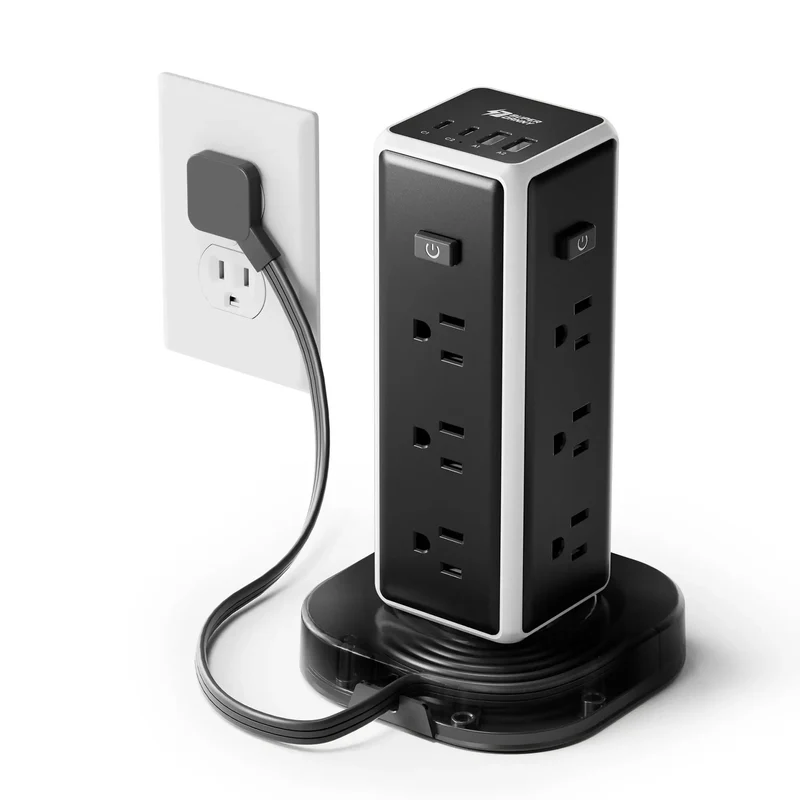 Heavy Duty Tower Power Strip Game Changing Surge Protection With Retractable Cable Featuring Twelve Wide AC Outlets Plus Four Fast Charging USB Ports For Easy Setup