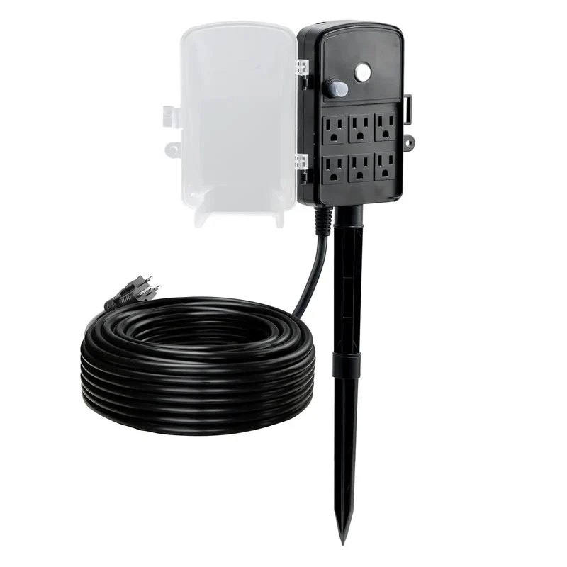 Heavy Duty Outdoor Power Stake With A Rock Solid 100 Ft Extension Cord Providing Six Rain Resistant Outlets For Christmas Lights Backyard Setup Grounded Reliable