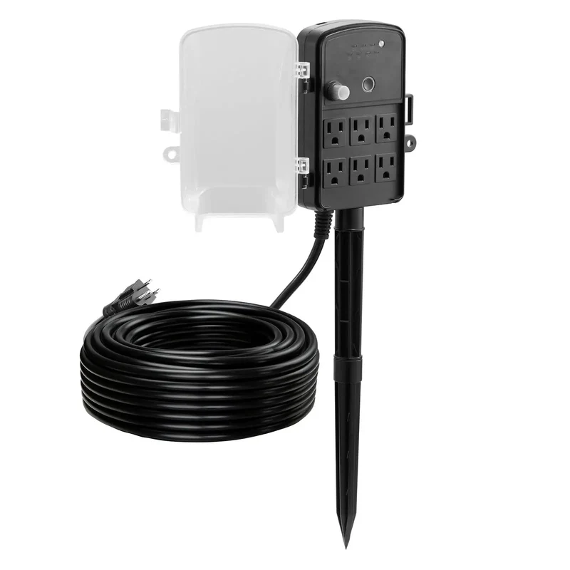 No More Plug Fights, Heavy Duty Outdoor Power Stake And 100Ft Extension Cord With Rugged Weatherproof Cover, Six Outlet Hub, Remote Timer, 13Amps, Ultimate Game Changer For Christmas Lights, Garden, Patio Decor