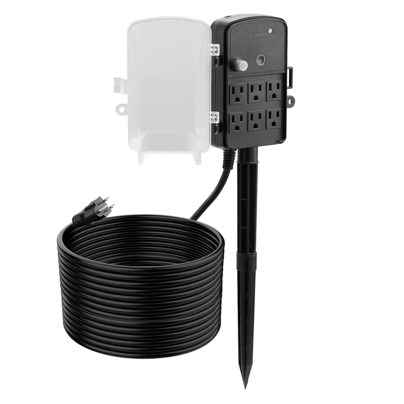 Heavy-Duty Outdoor Power Stake with Smart Timer Acts As a Power Party Starter Transforming One Dead Outlet Into Six Connected Hubs, 50 ft Weatherproof Extension Cord with Remote Control and Dusk to Dawn Auto Switch for Christmas Lights Patio