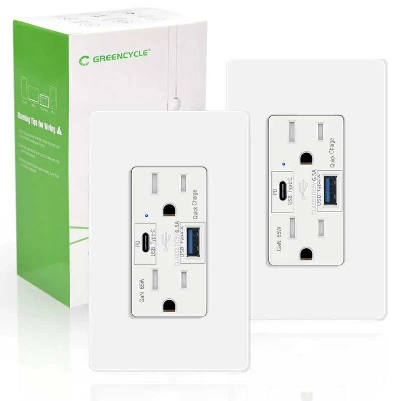 Kickin Fast Charge 65W GaN USB C Wall Outlet Two Pack 15 Amp Tamper Resistant Receptacle PD3.0 Electrical Socket For Mac Air iPhone 15 Laptop No Sweat Setup UL Listed Real Deal Quality