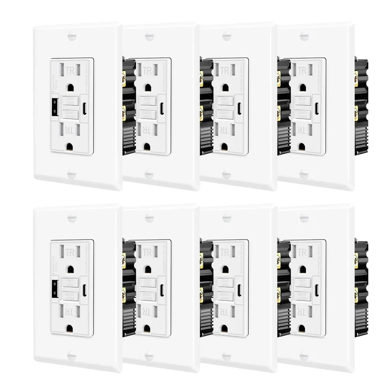 Game Changer 15 Amp GFCI Outlet With Slick USB C And USB A Charging Ports, 8 Pack Self Testing Ground Fault Protector Featuring Bright LED Light, Includes Ready To Go White Wall Plate