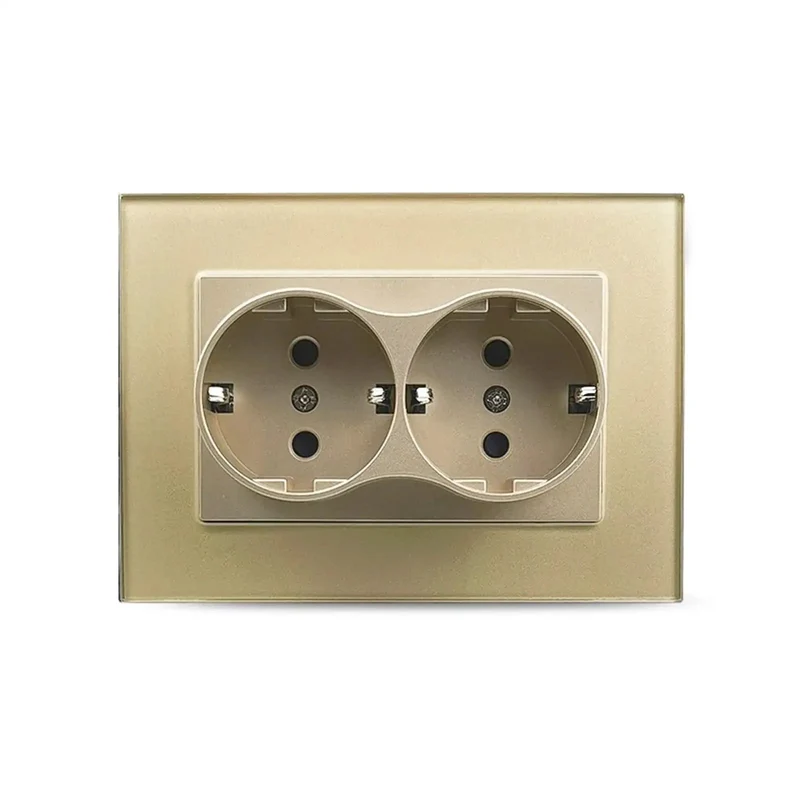 Sleek Dual European Wall Socket Featuring Heavy Duty Tempered Glass Panel And Built In Child Safety Shutters Slick Gold Plate For Sharp Modern Interiors And Effortless Daily Plugging