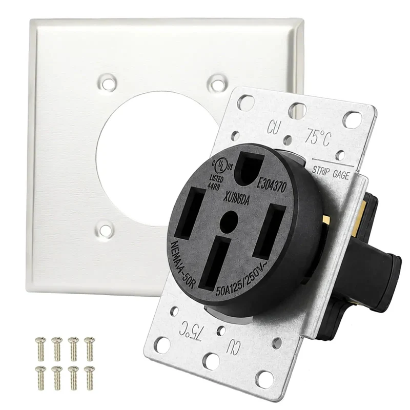 Heavy Duty Nema 14-50R 50 Amp EV Charging Outlet With Wall Plate Solid Grounding For Rv Dryer Welder Ready To Roll Built Straight Tough For Serious Juice At 125 Or 250 Volts A Real Knockout For Your Garage Setup