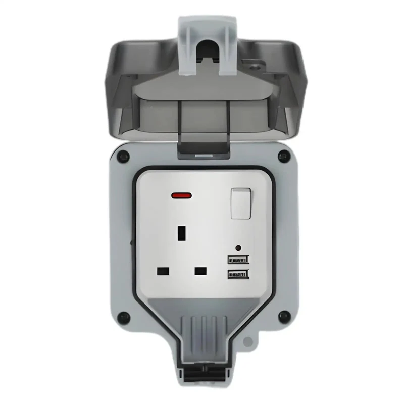 Heavy Duty Outdoor Electric Outlet With Dual Usb Ports And Rugged Flip Cover, Hella Weatherproof 13 Amp Wall Socket No Sweat Install For Dependable Yard Charging, Gray Back Housing