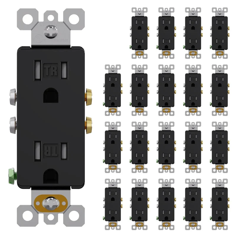 Slick Glossy Black Decorator Wall Outlet 10 Pack Features Tamper Resist Shutters Self Grounding 15 Amp Residential Grade Screwless Wall Plate Included UL Listed Hassle Free Wired Setup