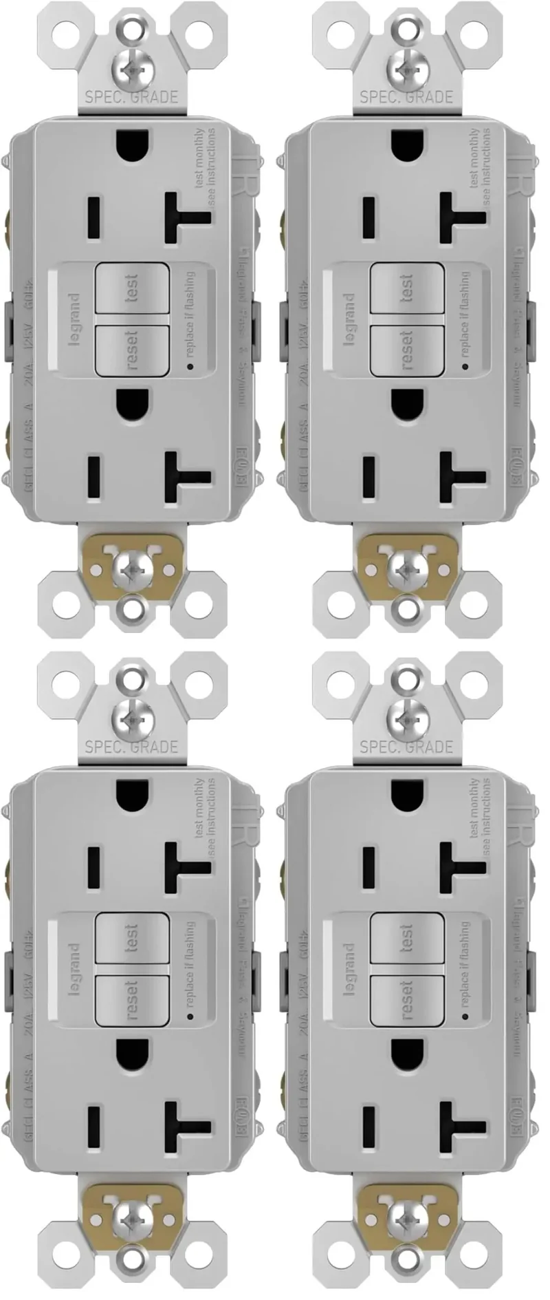 Heavy Duty GFCI Self Test Outlet 20 Amp Tamper Resistant Decorator Duplex Receptacle With Bright Trip Indicator Fast Wiring No Sweat Install Light Gray Finish Pack Of 4