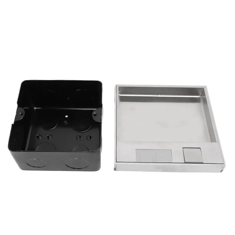 Heavy Duty Flush Mount Recessed Floor Electrical Outlet Kit Featuring Slick Silver Slide Down Lid That Fends Off Water And Sets Dead Flat On Tile Marble Or Carpet Floors