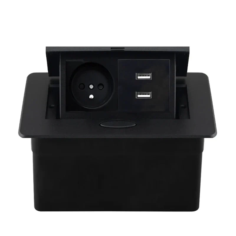 Hidden Pop Up Desktop Socket With Slick Aluminum Panel And Dual USB Charging Ports For A No Fuss Office Setup That Keeps Everything Clean And Functional In Black