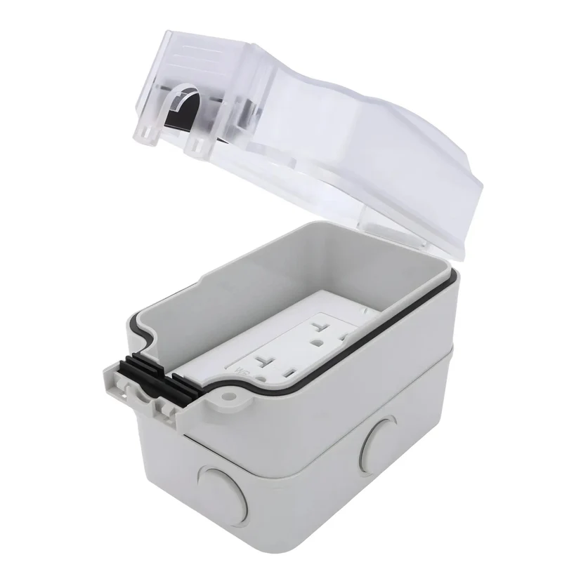 Real Deal Weatherproof Electrical Box Paired With A Beefy 20A Duplex Outlet NEMA 5 20R Surface Mount UL Listed Hang Tough Kit For Outdoor Patio Garage Shop And Yard Installations