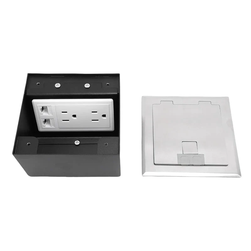 Heavy Duty Recessed Floor Outlet Kit With Bulletproof Stainless Steel Safety Cover And Tamper Resistant Doors For No Sweat Setup Plus Two Standard Power Outlets And Dual Ethernet Data Ports For Job Site Or Living Room