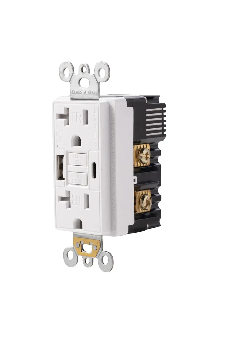 Straight Up Solid 20 Amp GFCI Wall Outlet Featuring Built In Light And Dual USB Ports Type A And Type C Fast Phone Charging Ground Fault Safety Plug And Play Setup For Damp Spaces And Workshops