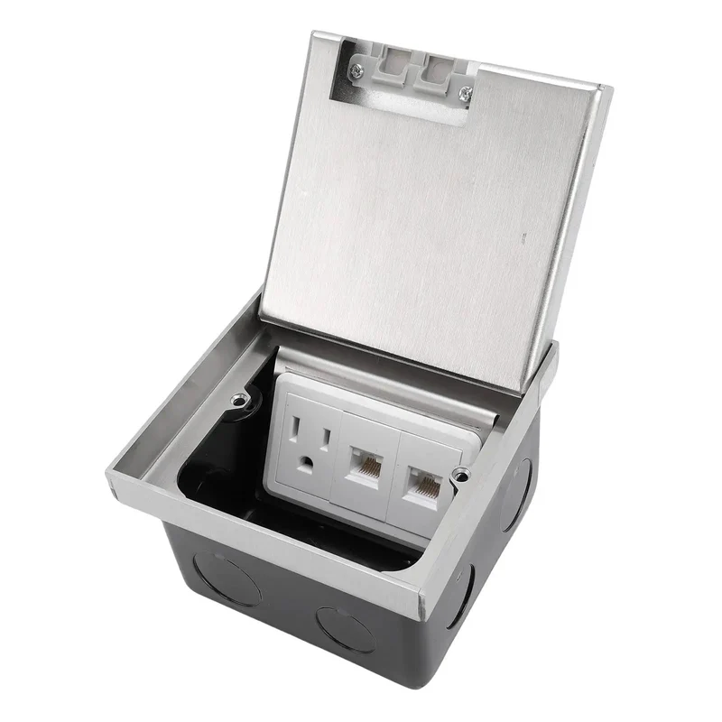Recessed Floor Electrical Outlet Kit With Flat Concealed Receptacle Featuring Slick Pop Up Handle Hella Durable 3 Prong Power Socket Plus Dual Ethernet Ports Silver Finish For Tile Carpet Floors