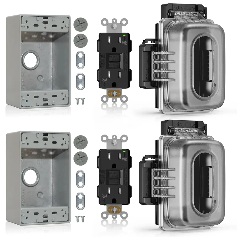 Top Shelf 15 Amp Outdoor GFCI Outlet Self Test Tamper Resistant GFI Black 2 Pack With Lockable Weatherproof In Use Cover And Heavy Duty Metal Box UL Listed Nailing Your Wiring Needs
