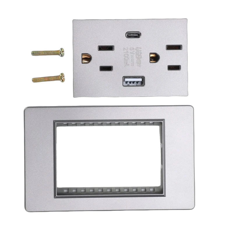 Heavy Duty Grey Decorator Wall Outlet With Built In Usb And Type C Ports Solid As A Rock Design No Sweat Install For Kitchen Bathroom Home Office Commercial Setup Ready Quick Fix Up
