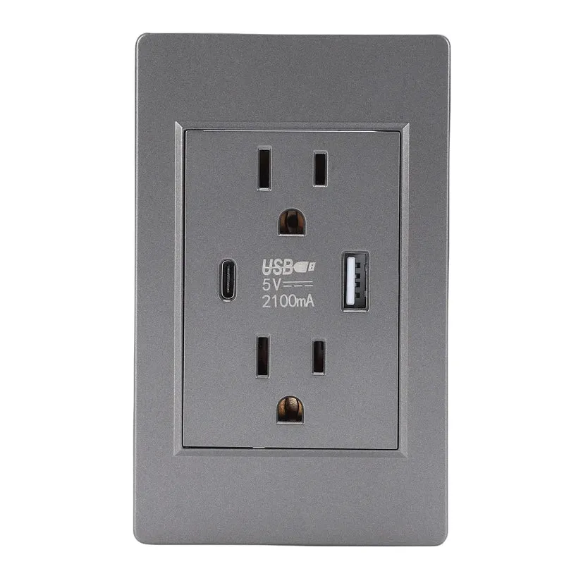 Built Tough 15A Decorator Wall Outlet With USB And Type C Quick Charge Ports Splash Proof Standard Switch Plate For Home And Office Clean Grey