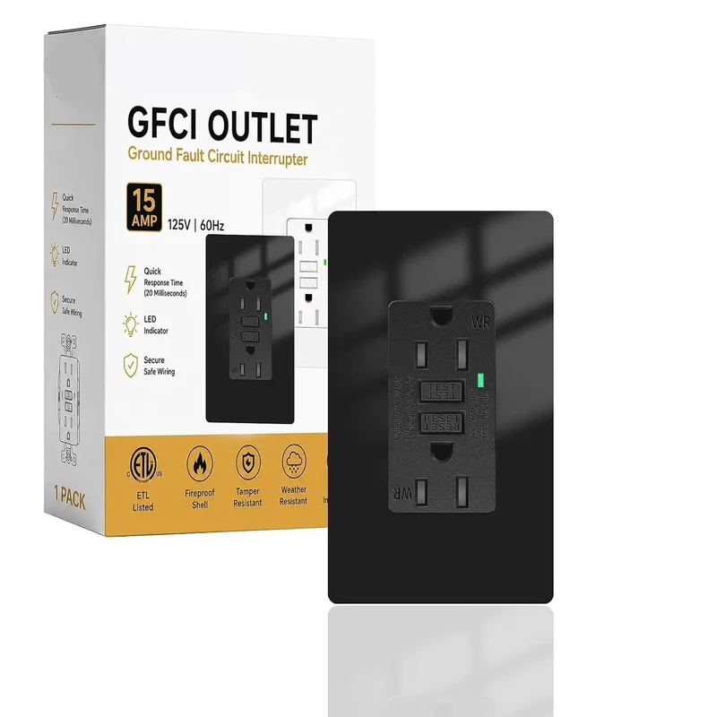 Sleek Black GFCI Outlet 15 Amp GFI Electrical Receptacle Delivers Tough As Nails Protection With Heavy Duty Fireproof Shell And Rain Ready Durability For Kitchen Bathroom Or Garage Installations
