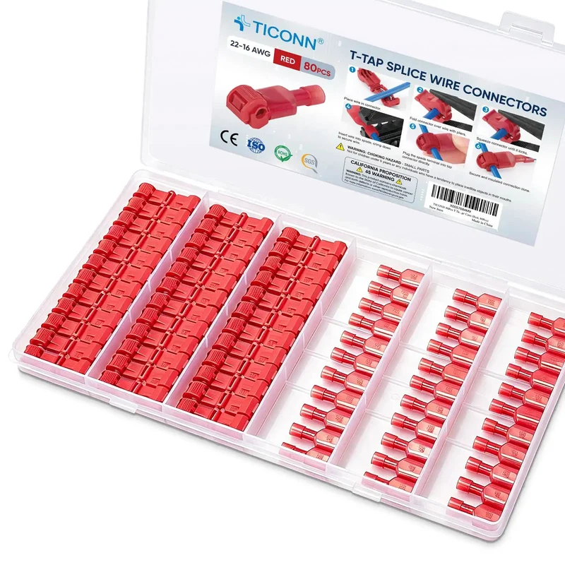 Premium T Tap Wire Connectors Provide Quick Splice And Midspan Wiring With Sturdy Storage Box Red Eighty Pack Featuring Heavy Duty Tinned Copper Contacts And Instant Strip Free Hookup For Smooth No Sweat Real Deal Electrical Job Sites