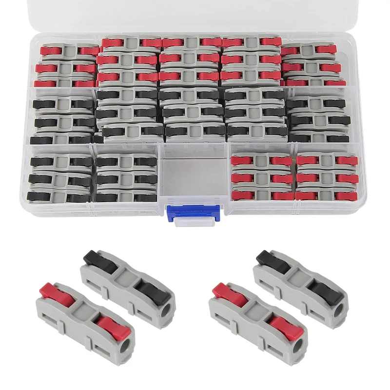60 Piece Push In Lever Wire Nuts 1 In 1 Out Electrical Splice Connectors Slick No Sweat Tool Free Wiring Kit For Automotive And Household Circuits 28 To 12 AWG Black Red Set