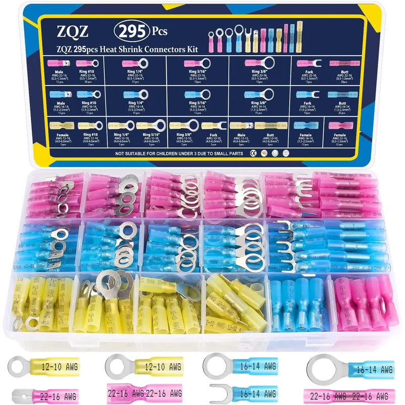 No Sweat Heavy Duty Heat Shrink Wire Connector Assortment Kit Featuring 295 Pieces Of Color Coded Ring Butt Male Female And Fork Terminals For Rugged Marine Automotive And Diy Repair Jobs