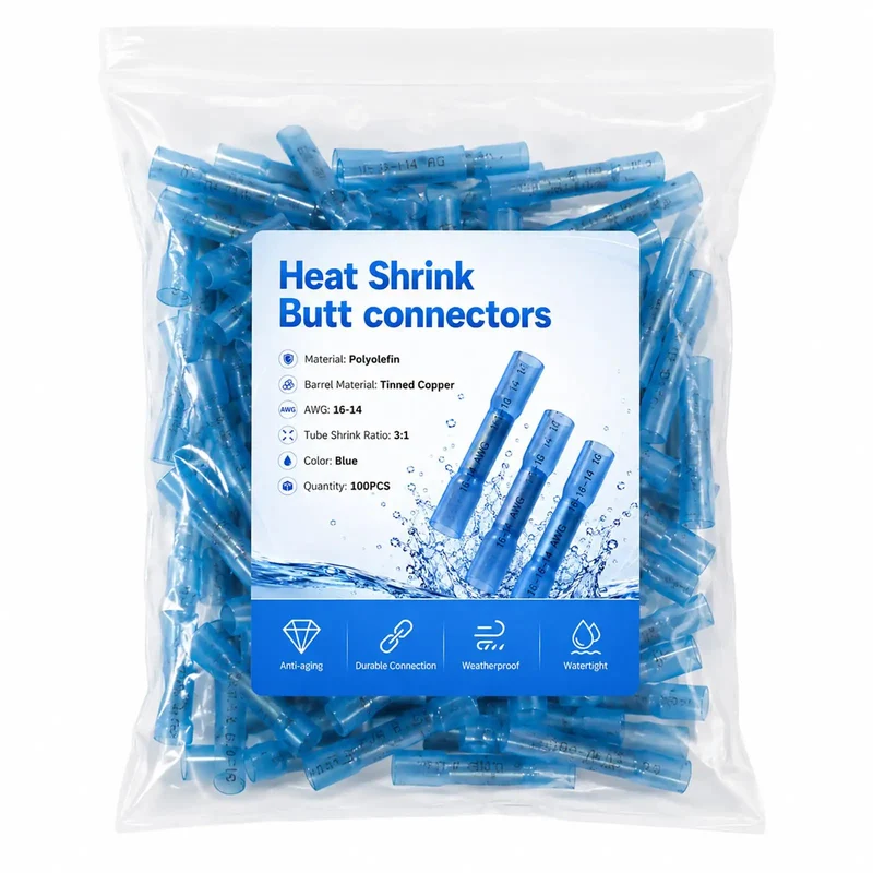 Blue Heat Shrink Butt Connectors 100 Pack 16 Thru 14 Awg Beefy Copper Crimp Wire Splices Built Tough For Automotive Rigs And Marine Wiring With Seamless Barrel Guaranteeing Non Pull Connections