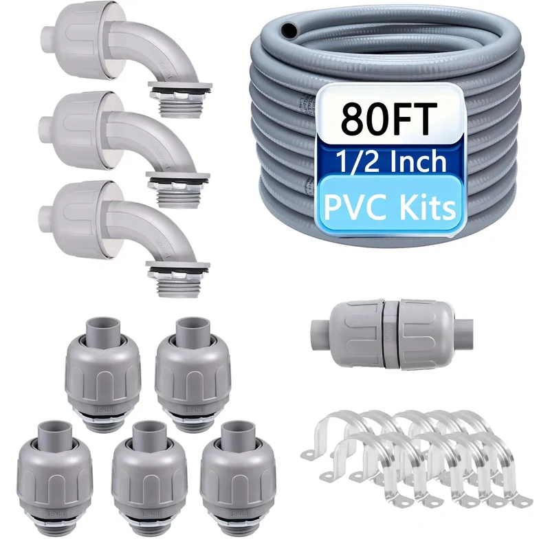 Hardcore Eighty Foot Half Inch Npt Pvc Liquid Tight Conduit Kit With Ul Certified Straight And Rotating Fittings For Breeze To Install Wire Runs And All Weather Diy Electrical Setups