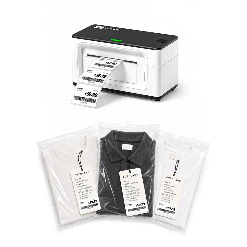 MUNBYN RealWriter 941B Bluetooth Drucker & Rechteck Etiketten Kleidung Produkt Starter Set