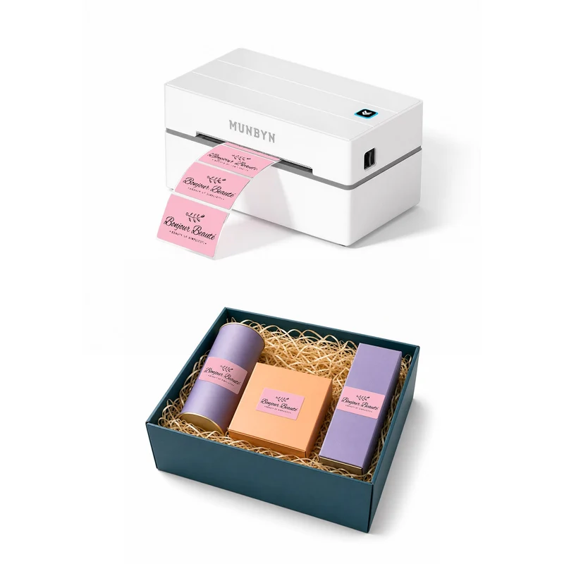 MUNBYN RealWriter 130B Bluetooth Drucker & Rechteck Rosa Etiketten Beauty Verpackung Basis Set