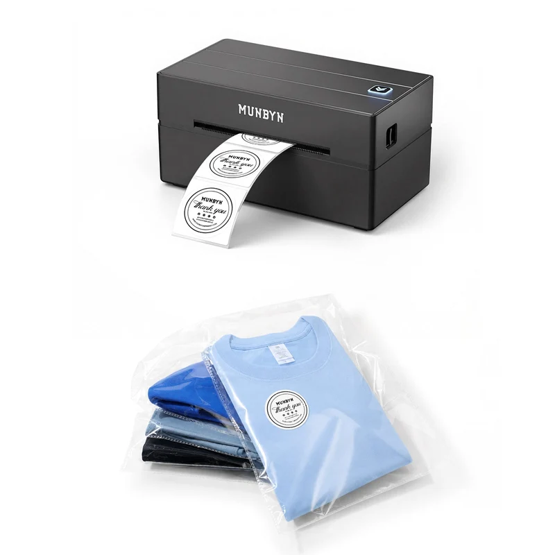 MUNBYN 130B Bluetooth Drucker & Kreis Etiketten Kleidung Verpackung Basis Set