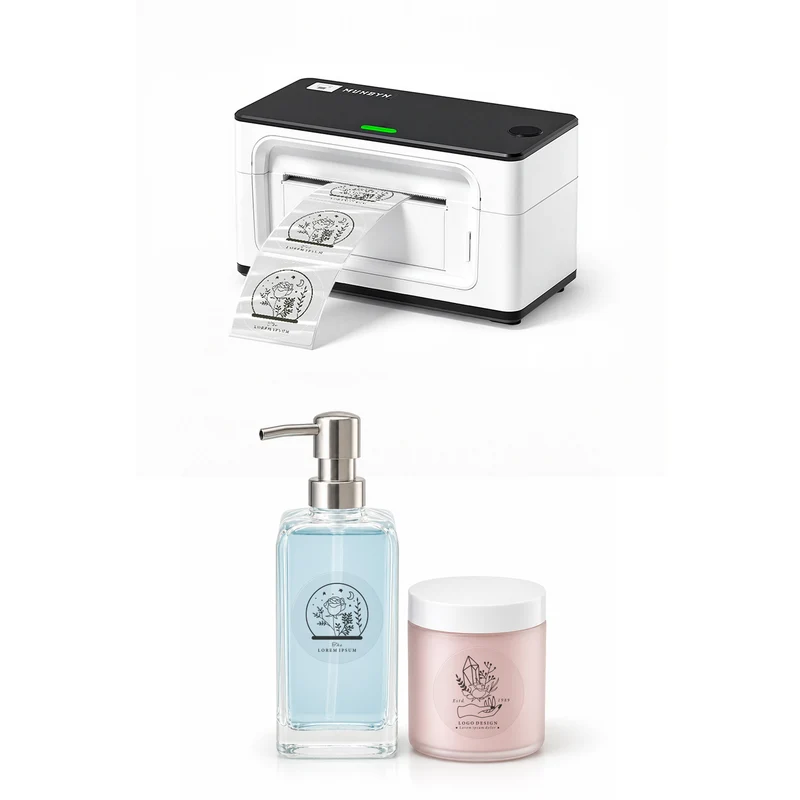 MUNBYN 941BP 300DPI Bluetooth Drucker & Transparent Etiketten Beauty Produkt Branding Set