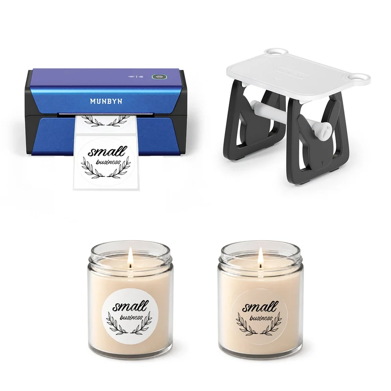 MUNBYN RealWriter RW401AP Kabellos Drucker , Kreis Etiketten & 3 in 1 Halter Kerze Set