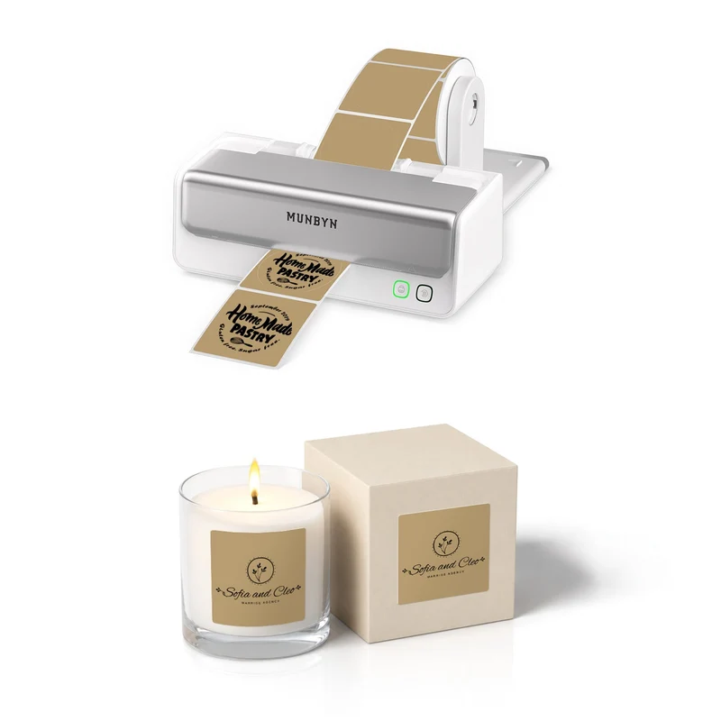 MUNBYN RealWriter 405B Bluetooth Drucker & 2x2 Quadrat Etiketten Kerze Verpackung Profi Set