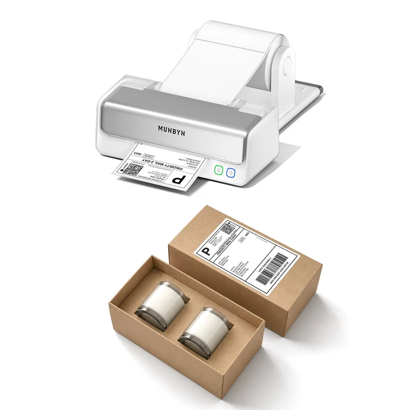 MUNBYN RealWriter 405B Bluetooth Drucker & 4x6 Falt Etiketten Kerze Versand Profi Set