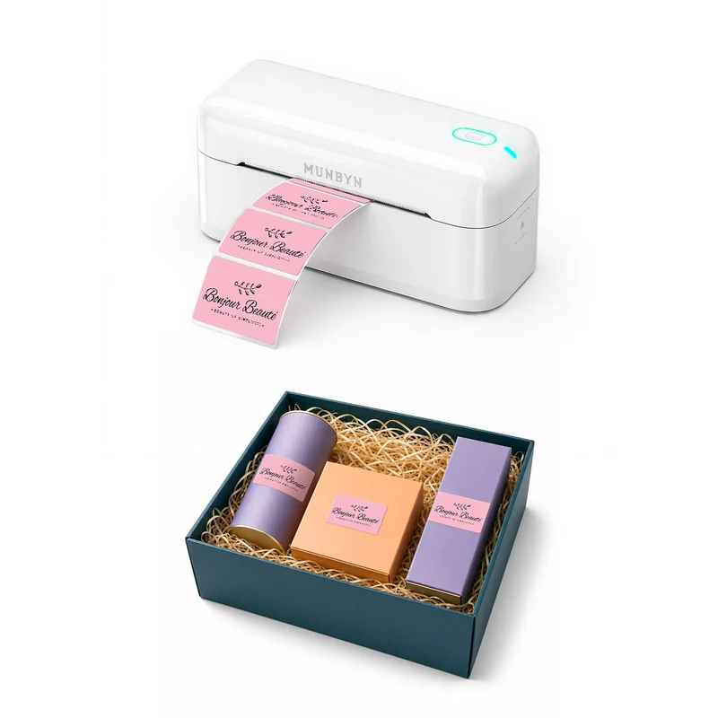MUNBYN RealWriter 402B Bluetooth Drucker & Rechteck Etiketten Beauty Verpackung Branding Set
