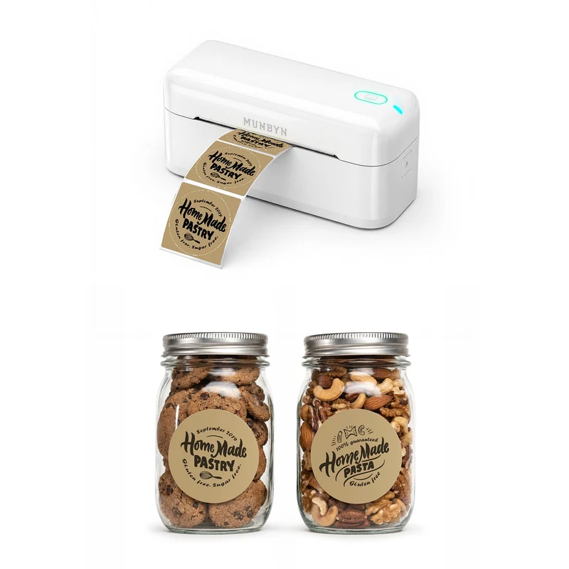 MUNBYN RealWriter 402B Bluetooth Drucker & Kreis Etiketten Bäckerei Produkt Branding Set