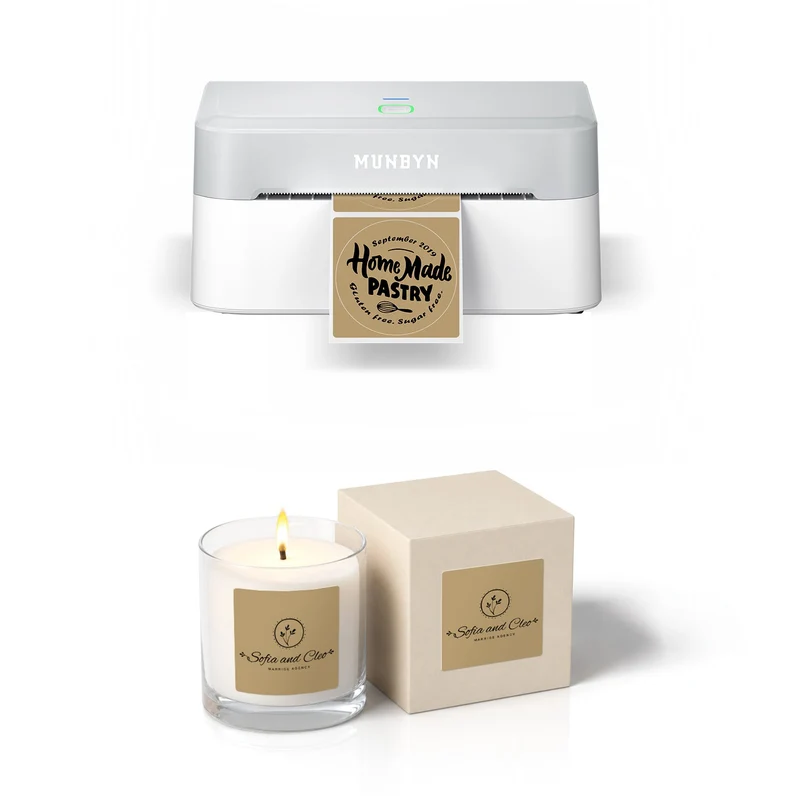 MUNBYN RealWriter 403B Bluetooth Drucker & 2x2 Quadrat Etiketten Kerze Verpackung Branding Set