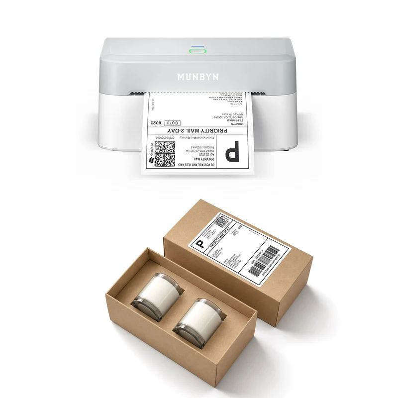 MUNBYN RealWriter 403B Bluetooth Drucker & 4x6 Falt Etiketten Kerze Versand Starter Set