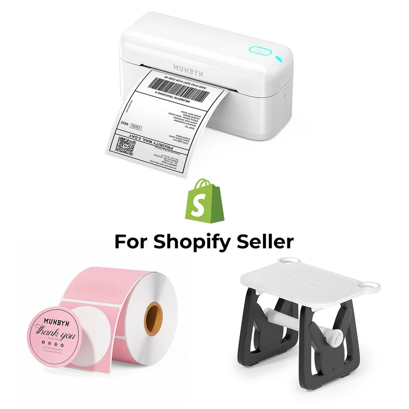 MUNBYN RealWriter 402B Bluetooth Drucker & Kreis Etiketten Shopify Verpackung & Branding Elegant Set