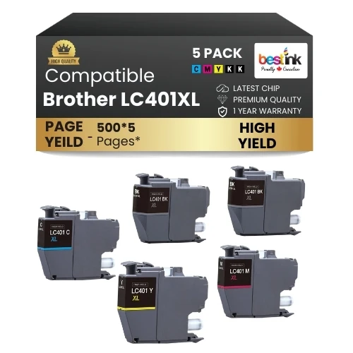 Brother LC401XL Compatible Ink Cartridge BK/C/M/Y (5 Pack ) High Yield