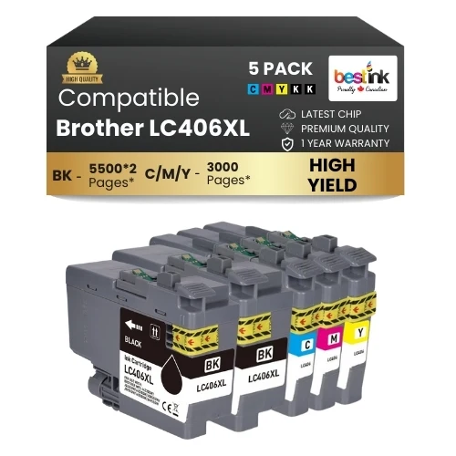 Brother LC406XL Compatible Ink Cartridge BK/C/M/Y ( 5 Pack ) High Yield
