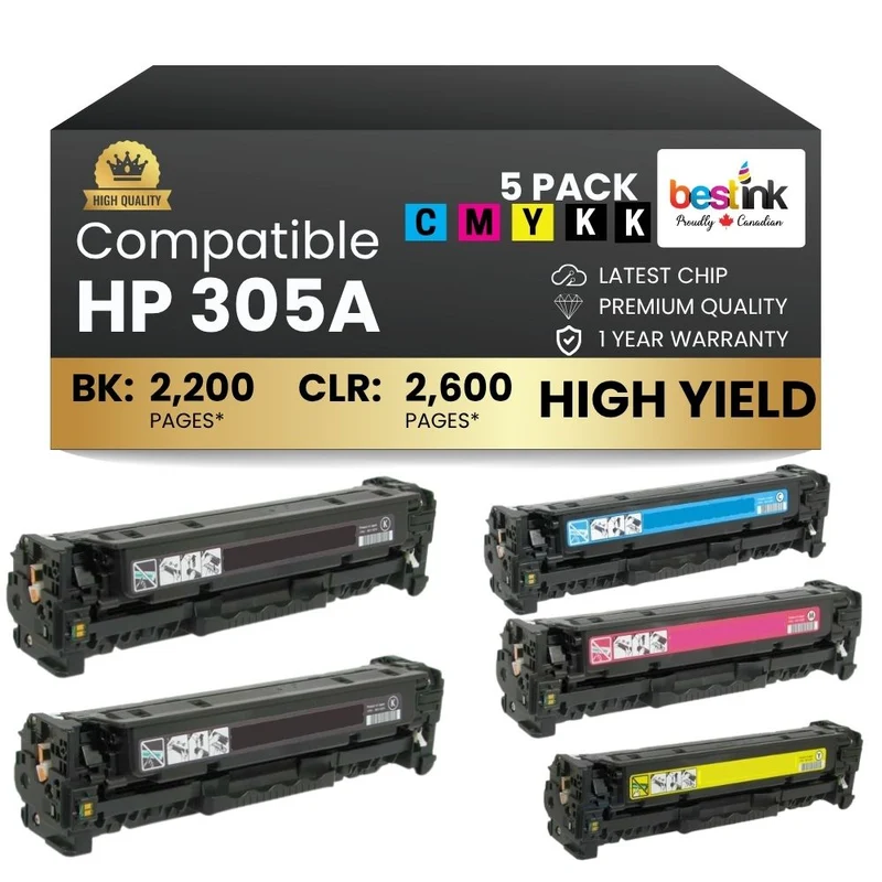 Compatible HP 305A Toner Cartridge Combo 2BK/C/M/Y Standard Yield (5 Pack)
