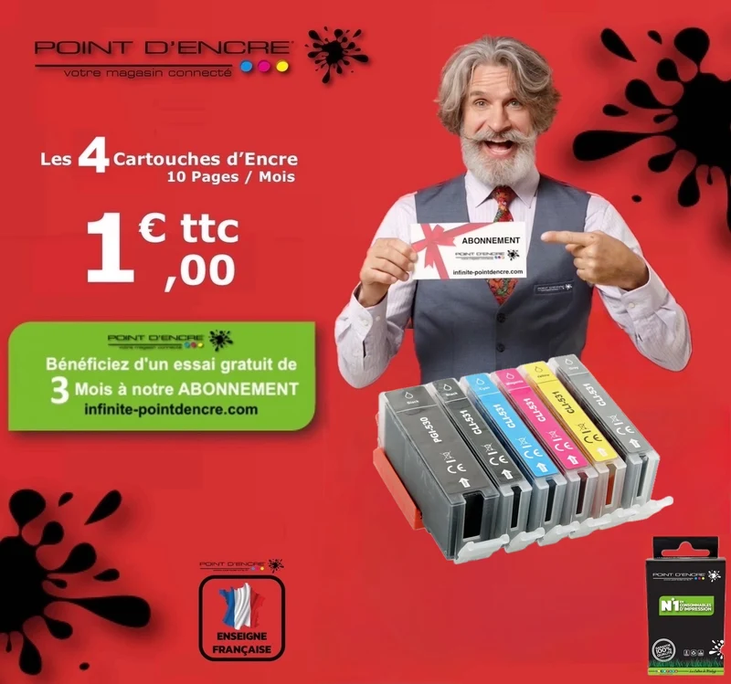 PGI-530 / CLI-531 - ABONNEMENT - NOIR / NOIR PHOTO / CYAN / MAGENTA / JAUNE / GRISE - Grande capacité de Marque Française POINT D'ENCRE Pour imprimante compatible CANON (cec)