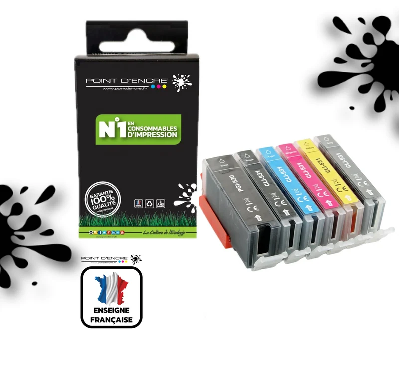 PGI-530 / CLI-531 - NOIR / NOIR PHOTO / CYAN / MAGENTA / JAUNE / GRISE - Grande capacité de Marque Française POINT D'ENCRE Pour imprimante compatible CANON (cec)