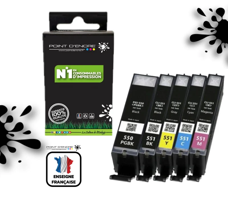 PGI-550XL / CLI-551XL - NOIR / CYAN / MAGENTA / JAUNE / NOIR PHOTO - Grande capacité de Marque Française POINT D'ENCRE Pour imprimante compatible CANON (cec)